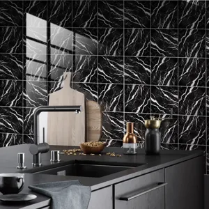 Black marble tile sticker waterproof wall decor for kitchen and living room backsplashes.