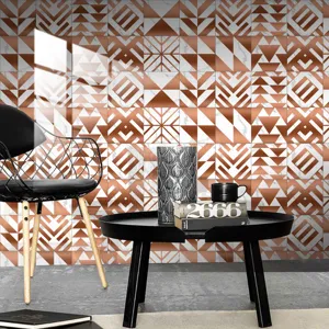 Scene detail of geometric crystal tile sticker wall decor with modern black furniture setup.