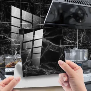 Black marble tile sticker peel and stick wall tile kitchen backsplash waterproof adhesive.