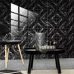Detailed view of black marble crystal tile sticker, modern wall decor for living room.