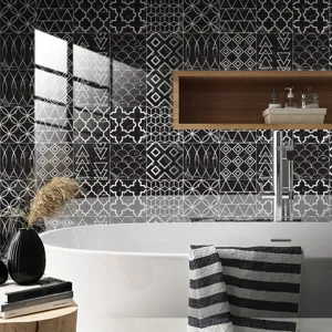 Black and white geometric crystal tile sticker, waterproof wall decor for modern bathroom design.
