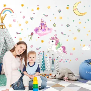 Stickers muraux chambre enfant licorne château arc-en-ciel étoiles décoration murale