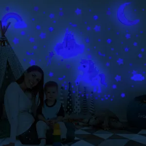 Stickers muraux phosphorescents licorne château, étoiles lune autocollants lumineux chambre enfant.