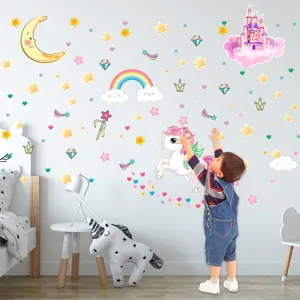 Autocollants muraux licorne phosphorescents chambre enfant, arc-en-ciel château.
