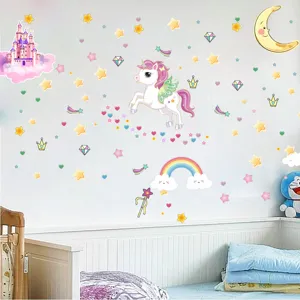 Jolis autocollants muraux château arc-en-ciel licorne pour décoration chambre d'enfant.
