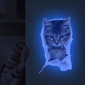 Luminous 3D cat wall sticker detail view, glowing in dark blue, perfect for home decor.