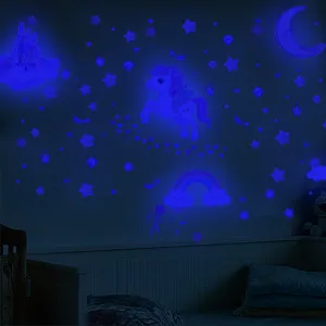 Stickers muraux château licorne lumineux, autocollants étoiles lune arc-en-ciel chambre.