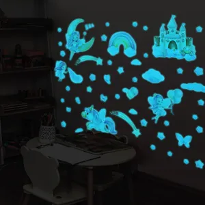 Luminous castle unicorn fairy wall stickers glow in the dark children room decor details