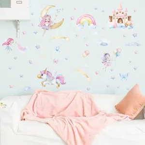 Watercolor pink fairy and unicorn wall stickers for kids room cute castle wall decor