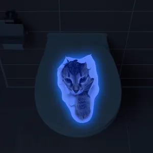 Glow in the dark 3D cat toilet sticker, luminous wall decal for bathroom decor detail view.