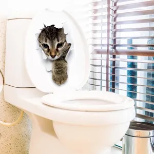 3D broken wall cat toilet sticker, realistic tabby kitty decal for bathroom home decor.