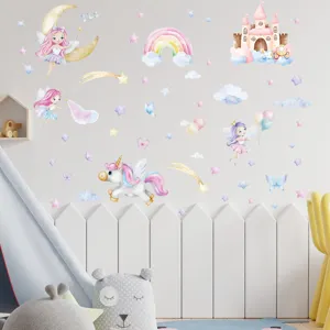 Watercolor fairy unicorn castle wall stickers for kids bedroom nursery room decor decals