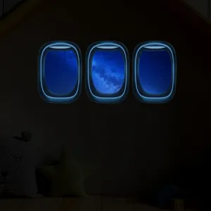 Stickers muraux hublot avion luminescents avec étoiles déco chambre enfant 3 pcs