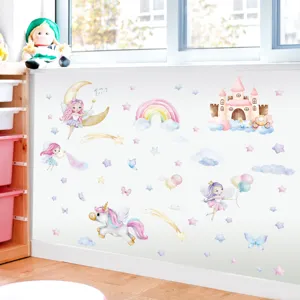 Watercolor fairy unicorn wall stickers for kids room, cute castle and rainbow decor details.