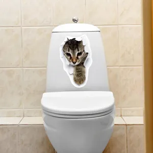 3D broken wall cat toilet sticker funny bathroom wall decal home decor waterproof PVC