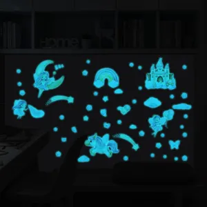 Glow in the dark fairy tale wall stickers for kids room, featuring castles, unicorns and stars.