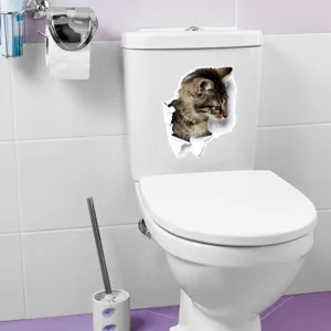 Detailed view of 3d wall cat sticker showing realistic broken wall toilet decal effect.