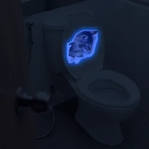 Luminous 3D cat toilet sticker glowing wall decal for bathroom home decor detail view.