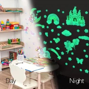 Luminous wall stickers for kids room, glowing fairy tale castle and unicorn design for night decoration.