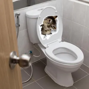 3D cat toilet sticker wall decal, realistic waterproof animal bathroom decor detail view.