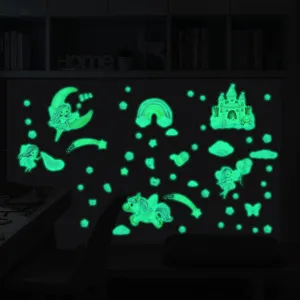Glow in the dark wall stickers for kids room, luminous unicorn castle fairy stars decor.