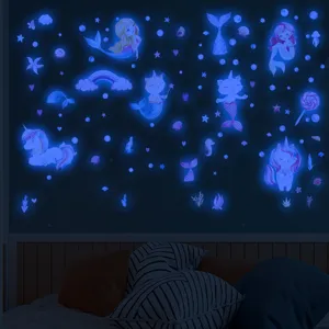 Stickers muraux sirène phosphorescents pour chambre d'enfant, autocollants muraux licorne.
