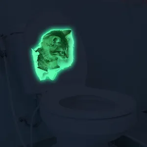 Glow in the dark 3D cat toilet sticker luminous wall decal for home bathroom decor.