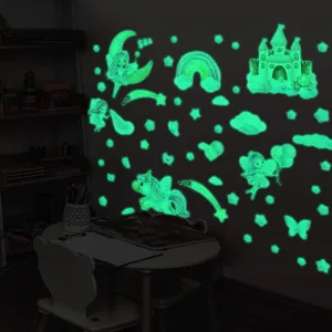 Luminous wall stickers glowing in the dark, fairy castle and unicorn decor for kids room.