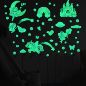Glow in the dark wall stickers for kids room, fairy castle unicorn luminous decals