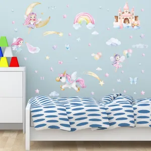 Watercolor fairy unicorn wall stickers for kids room, dream castle and rainbow decor decals.