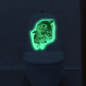 Glow in the dark 3D cat wall sticker for toilet and home decoration, luminous green decal.