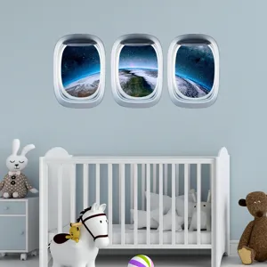 Autocollant mural hublot avion espace lumineux vue terre deco chambre enfant detail
