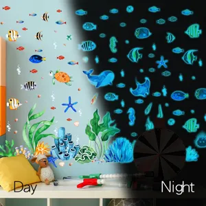 Luminous marine animal wall stickers showing day and night glowing effects for kids room decor.