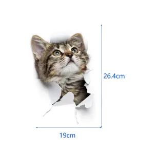 3D broken wall cute cat wall sticker and toilet decal for home decor, 19x26.4cm size.