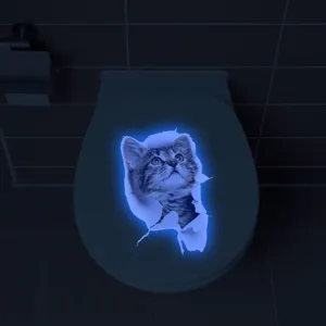 Glow in the dark 3D cat toilet sticker waterproof peel and stick wall decal for bathroom decor