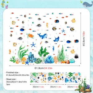 Ocean animals wall sticker size chart showing whale turtle fish elements for kids room decor.