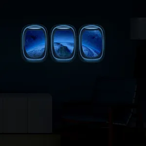 Autocollant mural hublot avion lumineux, espace terre veilleuse déco pour chambre enfant.