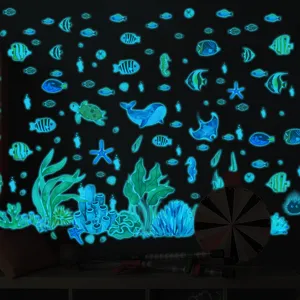 Glow in the dark ocean wall stickers detail showing luminous marine animals and fish.