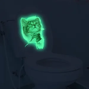 Glow in the dark 3D broken wall cat toilet sticker luminous bathroom home decor decal