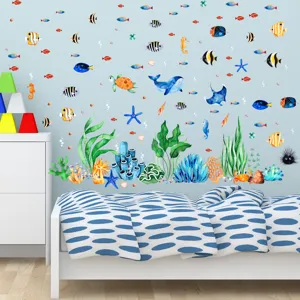 Ocean animal wall stickers scene detail featuring watercolor fish, whales, and coral decor.