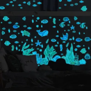 Glow in the dark ocean marine animals wall stickers glowing whale fish decor for kids room