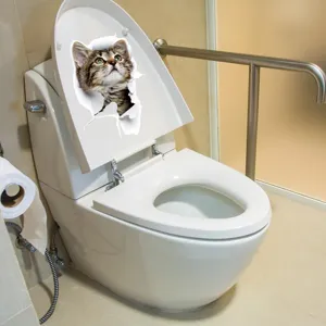 Detail view of 3D broken wall cat toilet sticker, realistic peel effect, waterproof PVC decor.