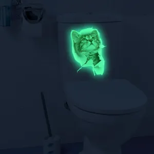 Glow in the dark 3D cat toilet sticker waterproof removable wall decal home decor.