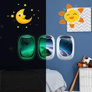 Autocollants muraux fenêtre d'avion lumineux chambre d'enfant décoration univers spatial