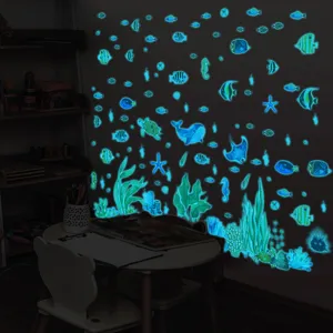 Glow in the dark ocean marine animals wall stickers for kids bedroom decor glowing decals.