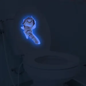 Glow in the dark 3D cat toilet sticker waterproof removable wall decal decor for bathroom