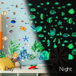 Luminous ocean wall stickers showing day and night glowing effects for kids bedroom decor.