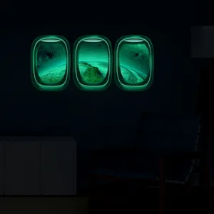 Autocollants muraux hublot avion luminescents espace terre stickers fluo deco chambre