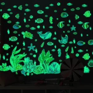 Glow-in-the-dark marine animals wall stickers set showing whales and fish in dark room details.