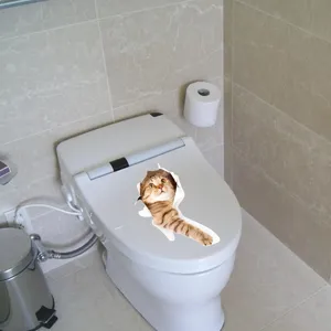 3D broken wall cat toilet sticker detail view showing realistic adhesive design for bathroom decor.